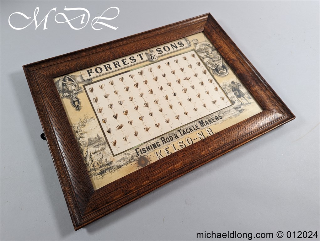 Antique Oak Framed Display of 72 Trout Flies Forrest of Kelso
