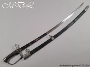 German Infantry Officers Blue and Gilt Sword, all steel hilt with leather grip bound with silver wire please note age wear. The blade slightly curved with good bright blue and gilt decoration. Complete with black leather scabbard with steel mounts, overall length 95.5cm blade 81.5cm